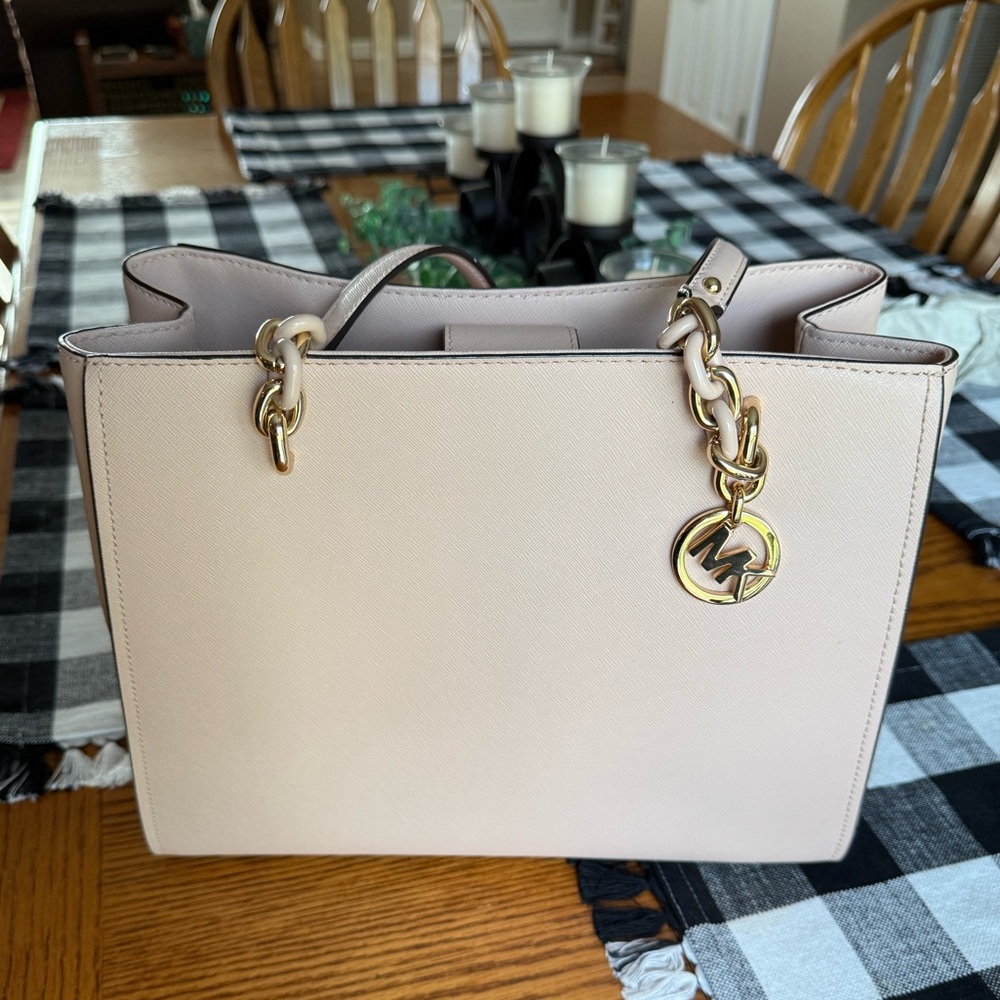 Michael Kors Cynthia Medium Leather Satchel in Pink Blush with Gold Accents